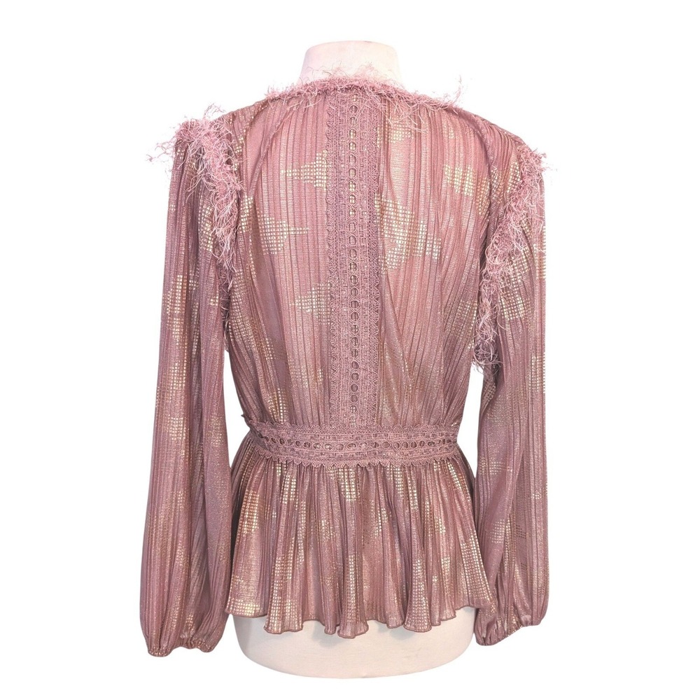 Moon River Dusty Rose Metallic Peplum Blouse L Eyelash Feather Trim Boho Glam - Picture 3 of 10